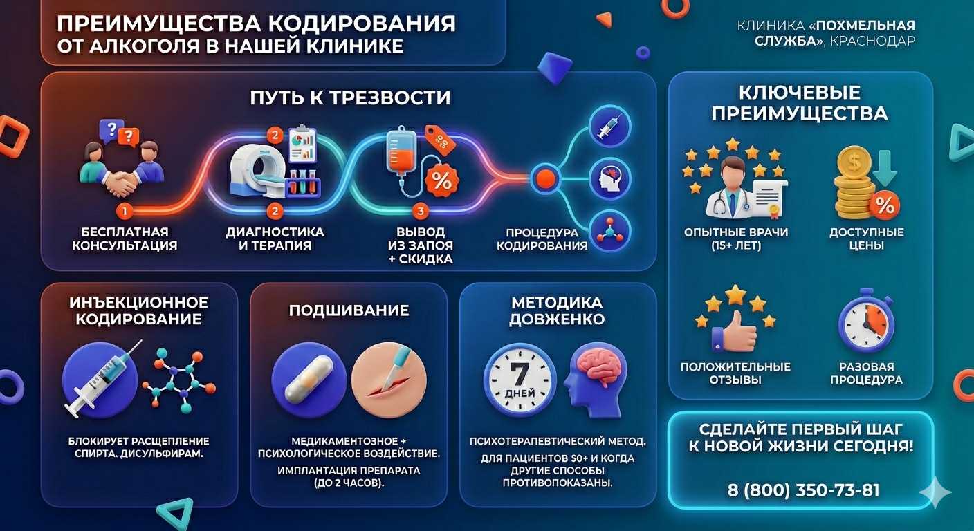Инфографика о методах кодирования от алкоголя в Александровск-Сахалинском: инъекции, подшивание, метод Довженко. Преимущества клиники и этапы лечения.