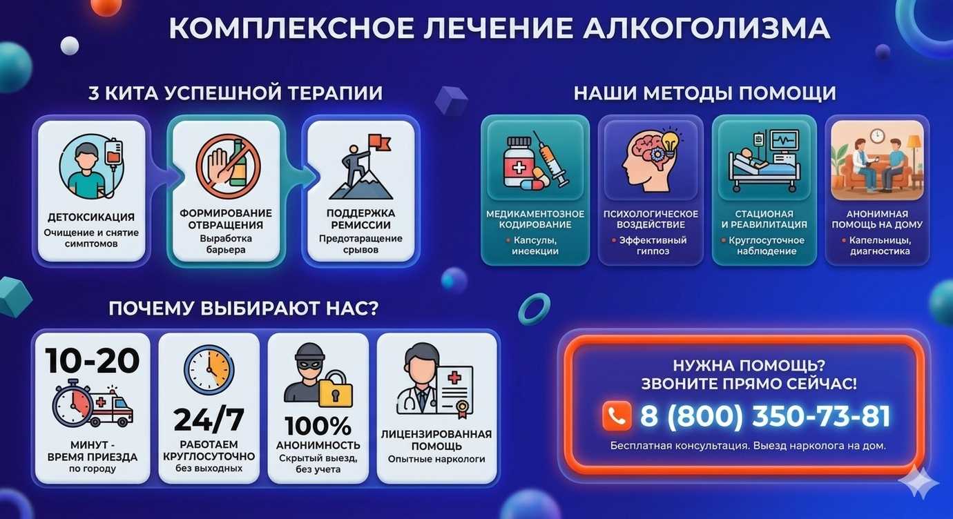 Инфографика о методах лечения алкоголизма в Александровск-Сахалинском: детоксикация, кодирование и анонимная помощь на дому от клиники Похмельная служба.